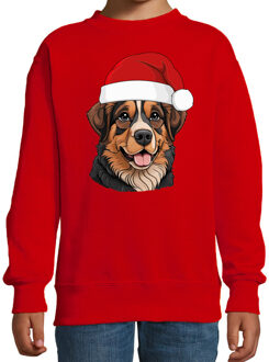 Bellatio Decorations Kersttrui / sweater honden - kinderen - Berner Sennenhond - rood - kerstmuts - Kerstmis 3-4 jaar (98/104)