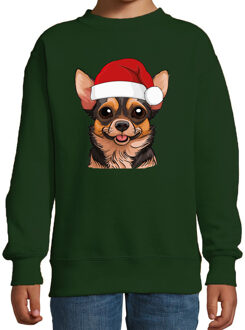 Bellatio Decorations Kersttrui / sweater honden - kinderen - Chihuahua - groen - kerstmuts - Kerstmis 12-13 jaar (152/164)