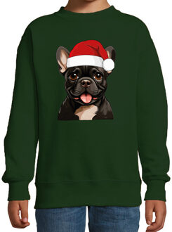 Bellatio Decorations Kersttrui / sweater honden - kinderen - Franse Bulldog - groen - kerstmuts - Kerstmis 9-11 jaar (134/146)
