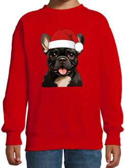 Bellatio Decorations Kersttrui / sweater honden - kinderen - Franse Bulldog - rood - kerstmuts - Kerstmis 9-11 jaar (134/146)