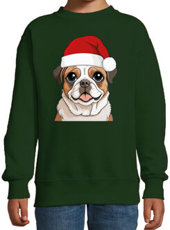 Bellatio Decorations Kersttrui / sweater honden - kinderen - Mopshondje - groen - kerstmuts - Kerstmis 12-13 jaar (152/164)