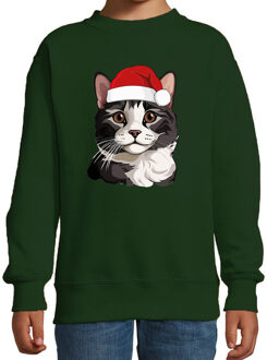 Bellatio Decorations Kersttrui / sweater katten/poezen - kinderen - grijze kat/poes - groen - kerstmuts - Kerstmis 12-13 jaar (152/164)