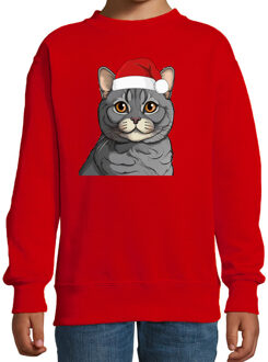 Bellatio Decorations Kersttrui / sweater katten/poezen - kinderen - grijze kat/poes - rood - kerstmuts - Kerstmis 14-15 jaar (170/176)