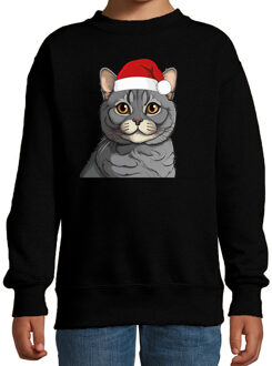 Bellatio Decorations Kersttrui / sweater katten/poezen - kinderen - grijze kat/poes - zwart - kerstmuts - Kerstmis 5-6 jaar (110/116)