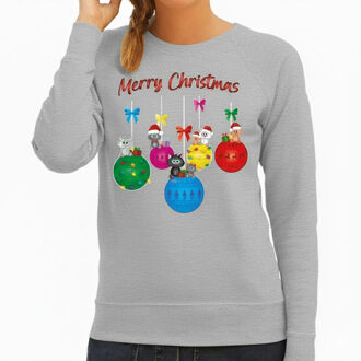 Bellatio Decorations Kersttrui / sweater voor dames - kerstbal - lichtgrijs - kerstpoes - Merry Christmas - poes XS