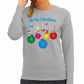 Bellatio Decorations Kersttrui / sweater voor dames - kerstballen - grijs - kerstdiertjes - Merry Christmas XS