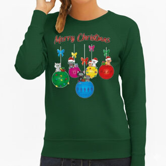 Bellatio Decorations Kersttrui / sweater voor dames - kerstballen - groen - kerstpoes - Merry Christmas - poezen M