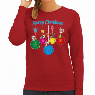 Bellatio Decorations Kersttrui / sweater voor dames - kerstballen - rood - kerstdiertjes - Merry Christmas S