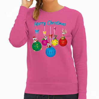 Bellatio Decorations Kersttrui / sweater voor dames - kerstballen - roze - kerstdiertjes - Merry Christmas 2XL