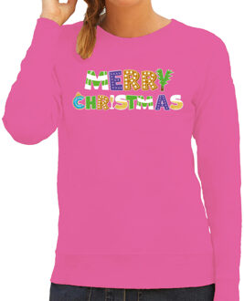Bellatio Decorations Kersttrui / sweater voor dames - Merry Christmas - roze - vrolijke kerst M