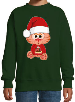 Bellatio Decorations Kersttrui/sweater voor jongens/meisjes - all I want - taartje - groen - Kerst poesje 9-11 jaar (134/146)