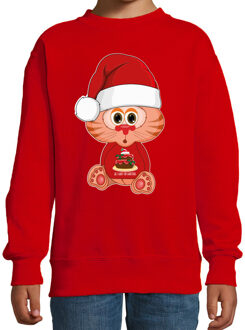 Bellatio Decorations Kersttrui/sweater voor jongens/meisjes - all I want - taartje - rood - Kerst poesje 5-6 jaar (110/116)