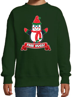 Bellatio Decorations Kersttrui/sweater voor jongens/meisjes - free hugs - groen - Kerst pinguin 14-15 jaar (170/176)