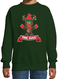 Bellatio Decorations Kersttrui/sweater voor jongens/meisjes - free hugs - groen - Kerst rendier 7-8 jaar (122/128)