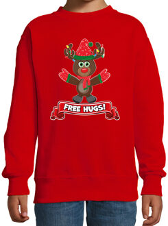 Bellatio Decorations Kersttrui/sweater voor jongens/meisjes - free hugs - rood - Kerst rendier 3-4 jaar (98/104)