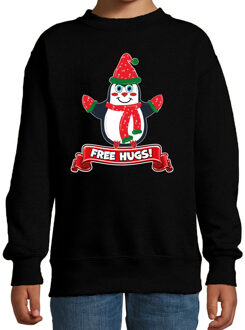 Bellatio Decorations Kersttrui/sweater voor jongens/meisjes - free hugs - zwart - Kerst pinguin 3-4 jaar (98/104)