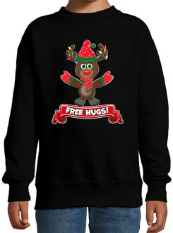 Bellatio Decorations Kersttrui/sweater voor jongens/meisjes - free hugs - zwart - Kerst rendier 9-11 jaar (134/146)
