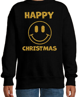 Bellatio Decorations Kersttrui/sweater voor jongens/meisjes - Happy Christmas - zwart - Smile Emoticon - glitter goud 12-13 jaar (152/164)