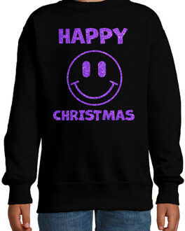 Bellatio Decorations Kersttrui/sweater voor jongens/meisjes - Happy Christmas - zwart - Smile Emoticon - glitter paars 9-11 jaar (134/146)