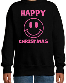 Bellatio Decorations Kersttrui/sweater voor jongens/meisjes - Happy Christmas - zwart - Smile Emoticon - glitter roze 7-8 jaar (122/128)