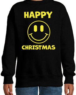 Bellatio Decorations Kersttrui/sweater voor jongens/meisjes - Happy Christmas - zwart - smiley - glitter geel 14-15 jaar (170/176)