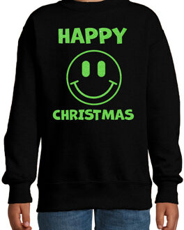 Bellatio Decorations Kersttrui/sweater voor jongens/meisjes - Happy Christmas - zwart - smiley - glitter groen 14-15 jaar (170/176)