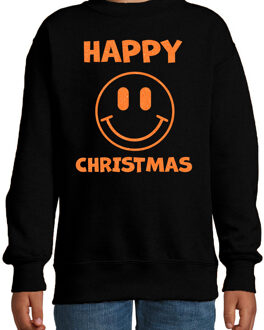 Bellatio Decorations Kersttrui/sweater voor jongens/meisjes - Happy Christmas - zwart - smiley - glitter oranje 14-15 jaar (170/176)