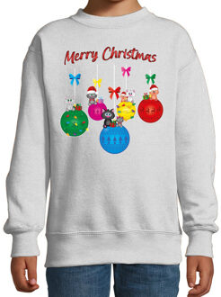 Bellatio Decorations Kersttrui/sweater voor jongens/meisjes - kerstballen - grijs - poesjes - Merry Christmas 5-6 jaar (110/116)