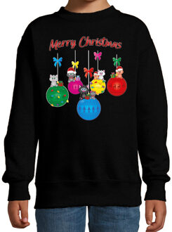 Bellatio Decorations Kersttrui/sweater voor jongens/meisjes - kerstballen - zwart - poesjes - Merry Christmas 5-6 jaar (110/116)