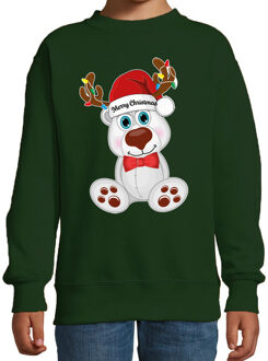 Bellatio Decorations Kersttrui/sweater voor jongens/meisjes - Merry Christmas - groen - Kerst ijsbeer 7-8 jaar (122/128)