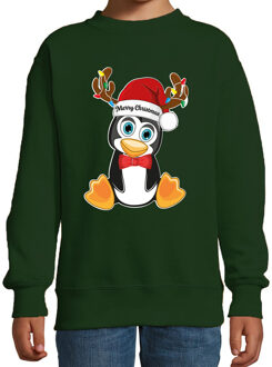 Bellatio Decorations Kersttrui / sweater voor jongens / meisjes - Merry Christmas - groen - Kerst pinguin 7-8 jaar (122/128)