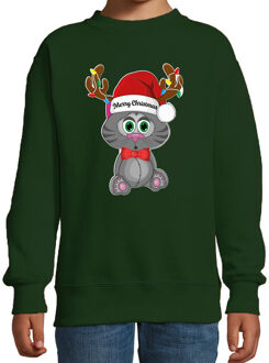 Bellatio Decorations Kersttrui/sweater voor jongens/meisjes - Merry Christmas - groen - Kerst poesje 12-13 jaar (152/164)