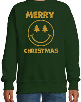 Bellatio Decorations Kersttrui/sweater voor jongens/meisjes - Merry Christmas - groen - Smile Emoticon - glitter goud 12-13 jaar (152/164)