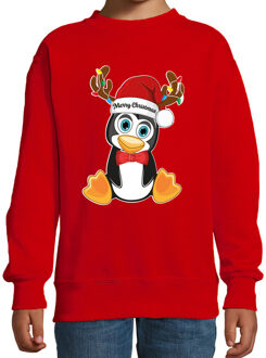 Bellatio Decorations Kersttrui/sweater voor jongens/meisjes - Merry Christmas - rood - Kerst pinguin 14-15 jaar (170/176)