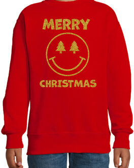 Bellatio Decorations Kersttrui/sweater voor jongens/meisjes - Merry Christmas - rood - Smile Emoticon - glitter goud 12-13 jaar (152/164)