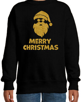 Bellatio Decorations Kersttrui/sweater voor jongens/meisjes - Merry Christmas - zwart - glitter goud 12-13 jaar (152/164)