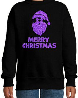 Bellatio Decorations Kersttrui/sweater voor jongens/meisjes - Merry Christmas - zwart - glitter paars 12-13 jaar (152/164)