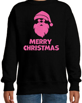 Bellatio Decorations Kersttrui/sweater voor jongens/meisjes?- Merry Christmas?- zwart?- glitter roze 7-8 jaar (122/128)
