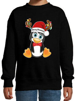Bellatio Decorations Kersttrui / sweater voor jongens / meisjes - Merry Christmas - zwart - Kerst pinguin 3-4 jaar (98/104)