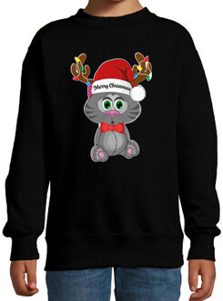 Bellatio Decorations Kersttrui/sweater voor jongens/meisjes - Merry Christmas - zwart - Kerst poesje 12-13 jaar (152/164)