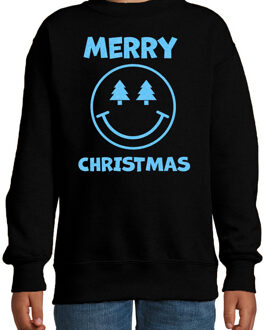 Bellatio Decorations Kersttrui/sweater voor jongens/meisjes - Merry Christmas - zwart - Smile Emoticon - glitter blauw 12-13 jaar (152/164)