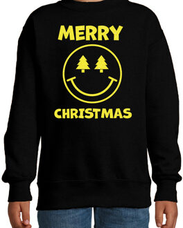 Bellatio Decorations Kersttrui/sweater voor jongens/meisjes - Merry Christmas - zwart - smiley - glitter geel 12-13 jaar (152/164)