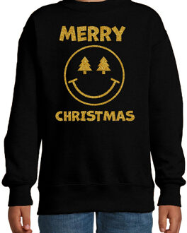 Bellatio Decorations Kersttrui/sweater voor jongens/meisjes - Merry Christmas - zwart - smiley - glitter goud 12-13 jaar (152/164)