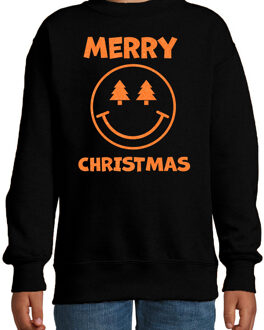 Bellatio Decorations Kersttrui/sweater voor jongens/meisjes - Merry Christmas - zwart - smiley - glitter oranje 12-13 jaar (152/164)