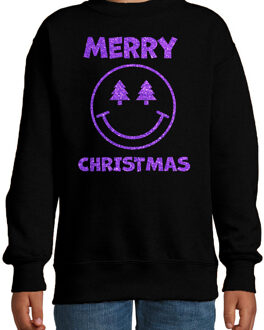 Bellatio Decorations Kersttrui/sweater voor jongens/meisjes - Merry Christmas - zwart - smiley - glitter paars 12-13 jaar (152/164)