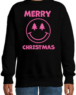 Bellatio Decorations Kersttrui/sweater voor jongens/meisjes - Merry Christmas - zwart - smiley - glitter roze 12-13 jaar (152/164)