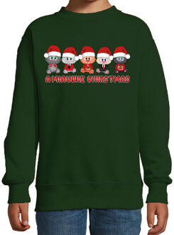 Bellatio Decorations Kersttrui/sweater voor jongens/meisjes - Miauwie Christmas - groen - Kerst poesjes 12-13 jaar (152/164)