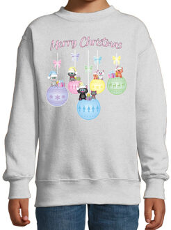 Bellatio Decorations Kersttrui/sweater voor jongens/meisjes - pastel/grijs - kerstballen - poesjes - Merry Christmas 5-6 jaar (110/116)