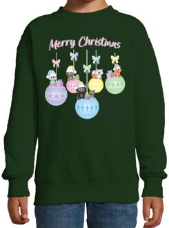 Bellatio Decorations Kersttrui/sweater voor jongens/meisjes - pastel/groen - kerstballen - poesjes - Merry Christmas
