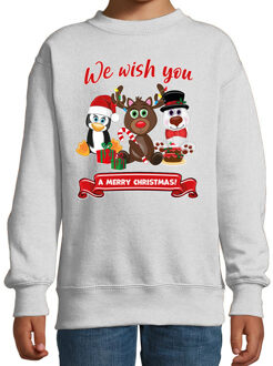 Bellatio Decorations Kersttrui/sweater voor jongens/meisjes - we wish you - grijs - Kerst diertjes 5-6 jaar (110/116)